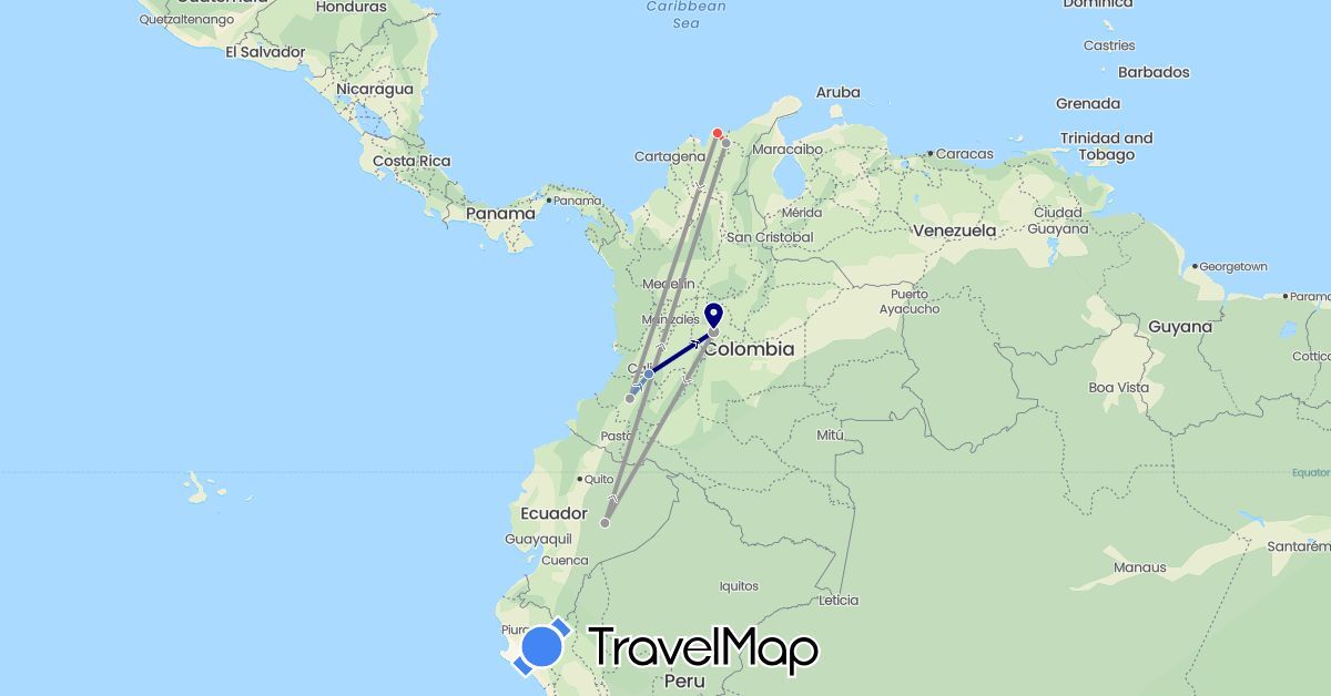 TravelMap itinerary: driving, plane, cycling, hiking in Colombia (South America)